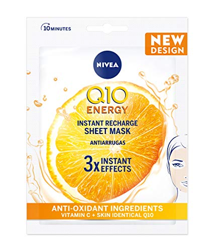 NIVEA Q10PlusC Mascarilla de Tejido Antiedad + Energizante (1 ud), mascarilla antiarrugas con 3 efectos instantáneos, mascarilla facial con coenzima Q10 y vitamina C