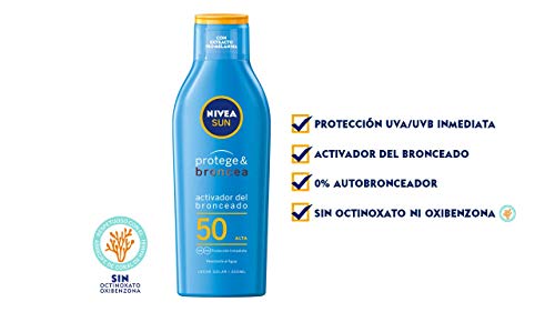 NIVEA SUN Protege & Broncea Leche Solar Activadora del Bronceado FP50 (1 x 200 ml), potenciador del bronceado resistente al agua, protección solar alta