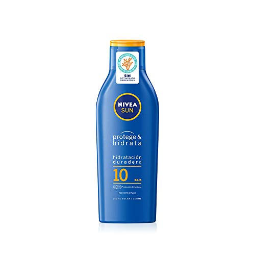 NIVEA SUN Protege & Hidrata Leche Solar FP10 (1 x 200 ml), protector solar hidratante y resistente al agua con protección UVA/UVB, protección solar baja