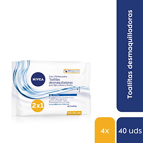 NIVEA Toallitas Desmaquilladoras Refrescantes en pack de 4 (4 x 40 ud), toallitas desmaquillantes para piel normal y mixta, toallitas húmedas para rostro, ojos y cuello