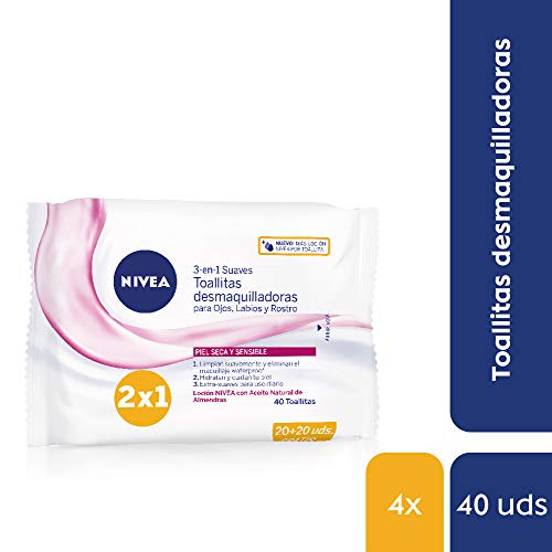 NIVEA Toallitas Desmaquilladoras Suaves en pack de 4 (4 x 40 ud), toallitas desmaquillantes para piel seca y sensible, toallitas húmedas para rostro, ojos y cuello