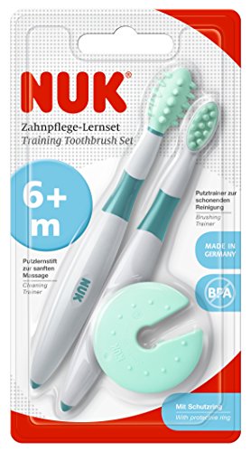 NUK 10256205 - Conjunto de aprendizaje dental cuidado, de 2 piezas, limpieza y cepillado entrenador entrenador, incl. anillo de protección, preparación óptima de cepillado de los dientes, libre de BPA, 1 par