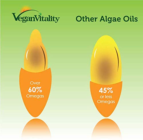 Omega 3 Vegano Aceite de algas de Vegan Vitality: 400mg de DHA por cápsula. 60 cápsulas, 2 meses de suministro. Vitaminas vegetarianas puras a base de plantas