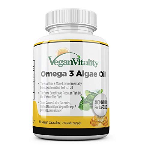 Omega 3 Vegano Aceite de algas de Vegan Vitality: 400mg de DHA por cápsula. 60 cápsulas, 2 meses de suministro. Vitaminas vegetarianas puras a base de plantas