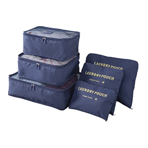 Organizador de Viaje Organizadores para Maletas, EASEHOME 3Pcs Cubos de Embalaje + 3pcs Bolsas de Almacenamiento para Ropa Zapato Cosmético Impermeable Bolsa de Lavandería, Azul Oscuro