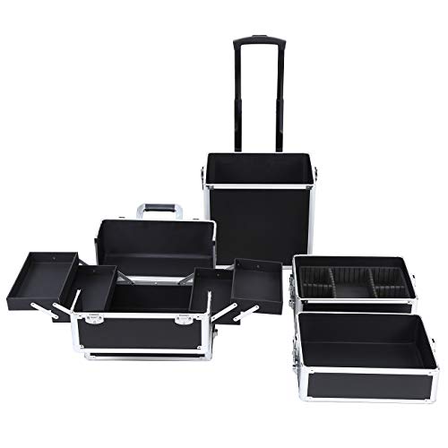 Paneltech 4 en 1 Belleza Maquillaje Belleza Rolling Case Organizador Cosméticos Peluquería Caja de Almacenamiento con Cerradura Bolsa Profesional portátil de Viaje Trolley (Negro)