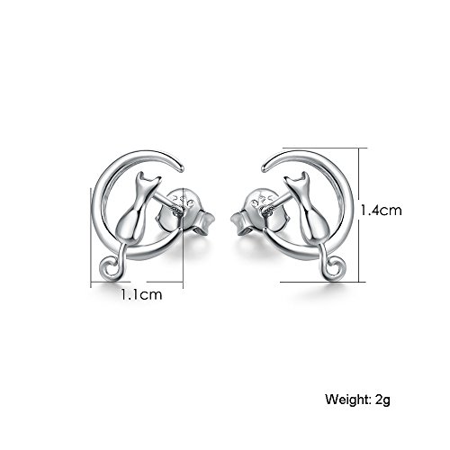 Pendientes Mujer Plata de Ley 925, Pendientes Gato y Luna, Pendientes de Gato Plata para Mujer/Niña, Pendientes de Plata Mujer Tous de Aros