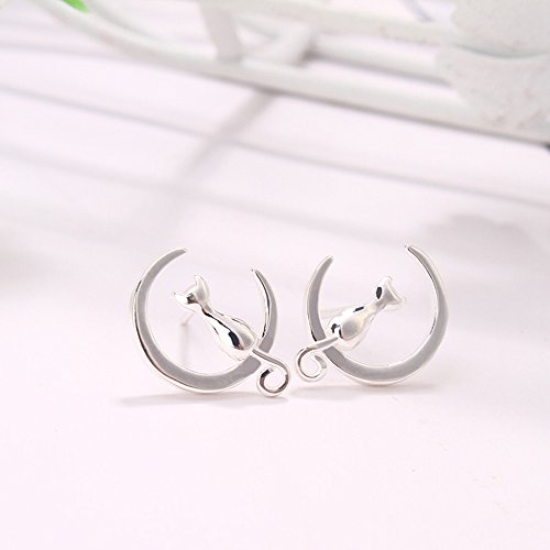 Pendientes Mujer Plata de Ley 925, Pendientes Gato y Luna, Pendientes de Gato Plata para Mujer/Niña, Pendientes de Plata Mujer Tous de Aros