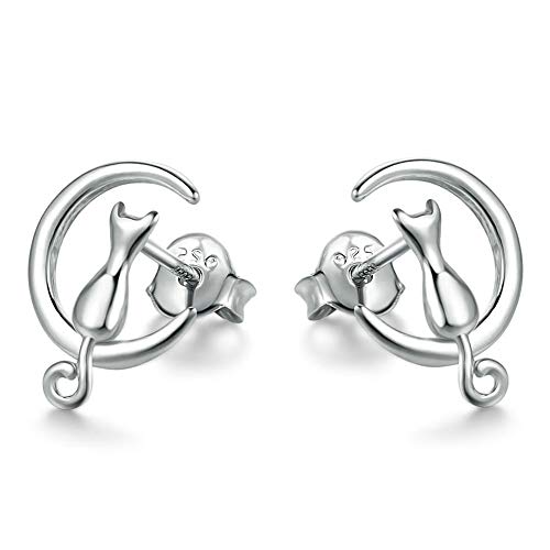 Pendientes Mujer Plata de Ley 925, Pendientes Gato y Luna, Pendientes de Gato Plata para Mujer/Niña, Pendientes de Plata Mujer Tous de Aros