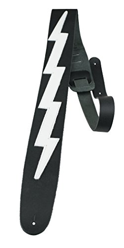 Perri's Leathers BLB-218 Leather Guitar Strap (Lightning Bolt) 44.5" to 53" Adjustable Length, 2.5” Inch Wide, Straps Fit Acoustic, Bass and Electric Guitars,BLACK W/WHITE LIGHTNING BOLT