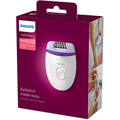 Philips BRE225/00 - Philips Depiladora Satinelle Essential BRE225/00 - Depiladora mujer para piernas con cable compacta, 2 ajustes de velocidad, blanco/morado