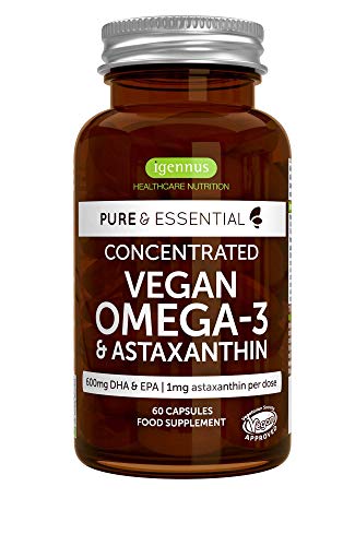 Pure & Essential Omega-3 de Aceite de Algas Vegano (DHA + EPA 600 mg) y Astaxantina, 60 cápsulas