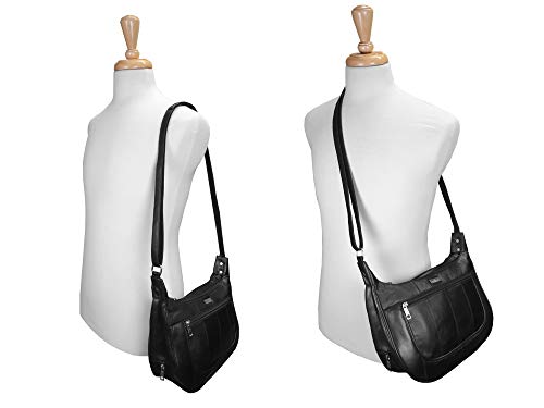 Quenchy London Bolso de Mano de Cuero Suave Negro Para Señora - 5 Bolsillos con Cremallera - 2 Grandes Secciones Principales con Cremallera y Bolsillo Para Paraguas - QL174K