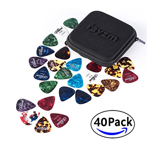 Rayzm Púas Pick Plectrums para guitarra 40 unidades con una caja resistente de almacenaje,Picks Premium de celuloide para guitarra, bajo, varios colores y 6 grosores 0,46/0,71/0,81/0,96/1,20/1,50mm