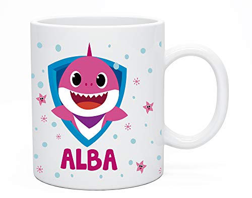 Regalo Original Taza de plástico Infantil Personalizada con Nombre y Baby Shark para la Vuelta al Cole 33 Cl (Fucsia)