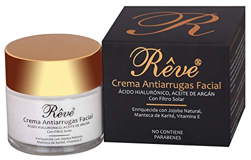 REVE Crema Antiarrugas Facial Argan con Ácido Hialurónico + Molecular Film + Vitamina E + Manteca de Karite + FPS15 + Aloe Vera Sin Parabenes - Hombre y Mujer, Día y Noche - Cosmética natural - 55 ml