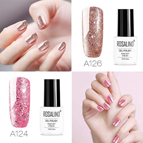 ROSALIND Glitter Rose Gold Uñas Esmalte en gel UV LED Barniz Efecto Brillante Arte Decoración Manicura Pedicura 4 botellas 7 ml