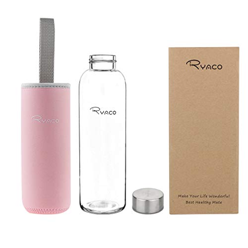 Ryaco Botella de Agua Cristal 550ml, Botella de Agua Reutilizable 18 oz, Sin BPA Antideslizante Protección Neopreno Llevar Manga y Cepillo de Esponja (550ml, Rosa Lindo)