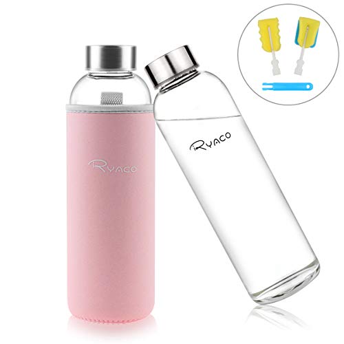 Ryaco Botella de Agua Cristal 550ml, Botella de Agua Reutilizable 18 oz, Sin BPA Antideslizante Protección Neopreno Llevar Manga y Cepillo de Esponja (550ml, Rosa Lindo)