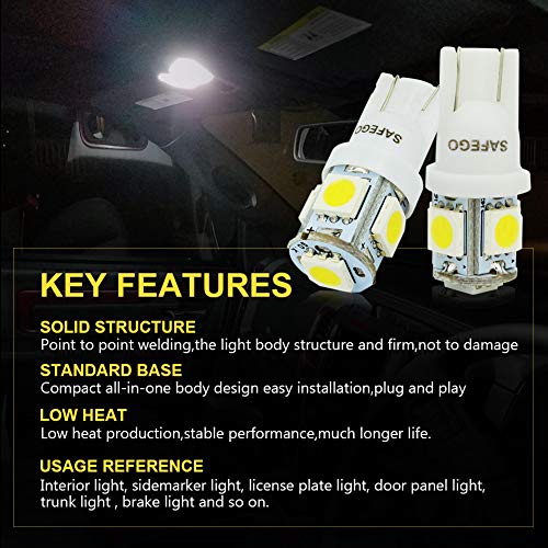 Safego 10x T10 W5W LED Bombillas exteriores 5 SMD 5050 Luz Coche trasera Lámpara Blanco Xenon Luz de interior 194 168 T10 Wedge Lampara para Coches luces de la matrícula luces laterales 12V