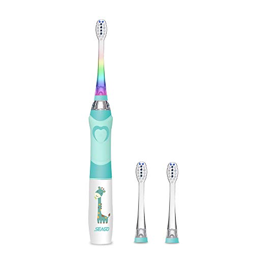 Seago SG 977 - Cepillo de dientes eléctrico para niños, impermeable, reemplazable, con temporizador inteligente,2 cabezales extra suaves para niños (edad de 3 +), color verde