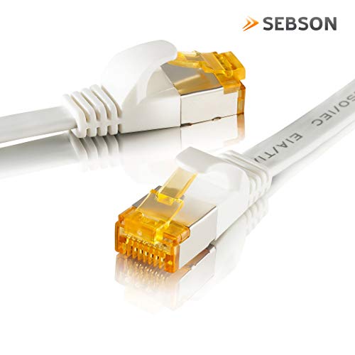 SEBSON Cable de Red Ethernet 15m Cat 7 Plano, LAN Patch Cable, 10Gbps, U-FTP apantallado, Conector RJ45 para Router, Ordenador, Módem, TV