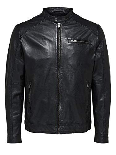 SELECTED HOMME Slh C-01 Classic Leather Jacket W Noos Chaqueta, Negro (Black), Large para Hombre