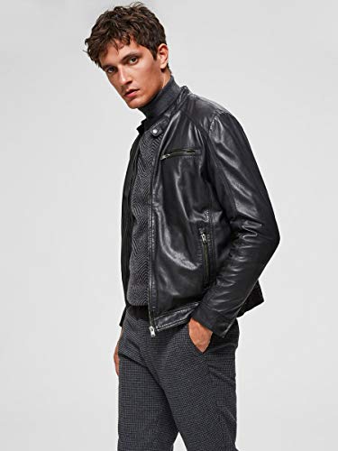 SELECTED HOMME Slh C-01 Classic Leather Jacket W Noos Chaqueta, Negro (Black), Large para Hombre