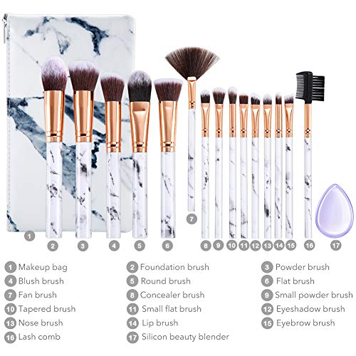 Set de brochas de maquillaje DUAIU 15Pcs Brochas Maquillaje Profesional Premium Sintético Pinceles Sombra de ojos Corrector Crema para cejas En polvo Mezcla con bolsa de cosméticos de mármol