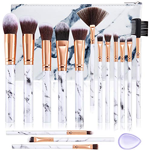 Set de brochas de maquillaje DUAIU 15Pcs Brochas Maquillaje Profesional Premium Sintético Pinceles Sombra de ojos Corrector Crema para cejas En polvo Mezcla con bolsa de cosméticos de mármol