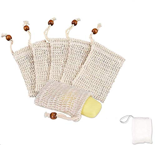 SIISMI 7X Bolsa de jabón, Red de jabón,bolsa de jabón de sisal natural,Para espumar y secar jabones, exfoliación, masaje, bolsas de jabón con cuerda. (6 piezas x sisal | 1 x nylon)