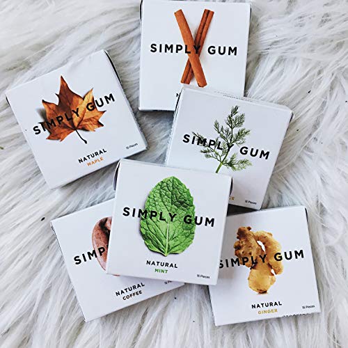 Simply Gum | Chicle Natural | Chewing Gum | Caja Surtido: Menta, Canela, Jengibre, Hinojo, Arce, Café | Pack de 6 (90 piezas en total) | Biológico, Ecológico, Vegano, Sin Plástico, Sin Aditivo