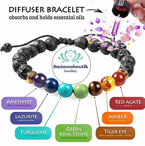 Smimouboutik Pulsera Chakra [2 PCS] Gratis: Bolso de joyería y Libro Chakras - Ajustable con Cuentas de Lava Blancas & Negras y ónix de 8 mm - Ideal para meditación, Yoga, aromaterapia y Reiki