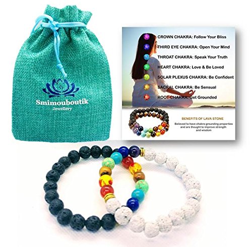 Smimouboutik Pulsera Chakra [2 PCS] Gratis: Bolso de joyería y Libro Chakras - Ajustable con Cuentas de Lava Blancas & Negras y ónix de 8 mm - Ideal para meditación, Yoga, aromaterapia y Reiki