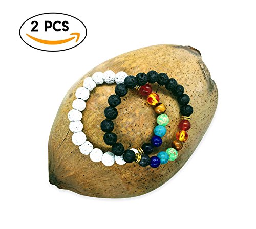 Smimouboutik Pulsera Chakra [2 PCS] Gratis: Bolso de joyería y Libro Chakras - Ajustable con Cuentas de Lava Blancas & Negras y ónix de 8 mm - Ideal para meditación, Yoga, aromaterapia y Reiki