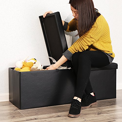 SONGMICS Puff Baúl Plegable, Taburete de Almacenamiento, Asiento para Calzarse, Capacidad de 120 L, Carga Máxima de 300 kg, Negro, 110 x 38 x 38 cm LSF75BK