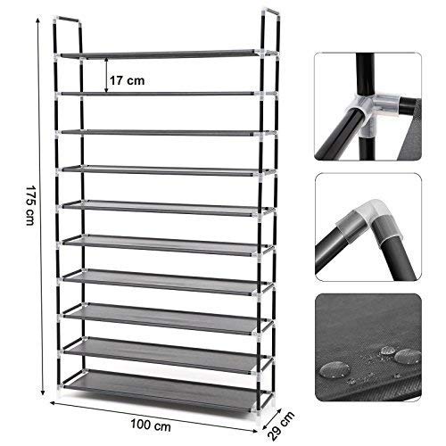 SONGMICS Zapatero de 10 Niveles Organizador, Capacidad para 50 Pares de Zapatos, para Salón, Guardarropa y Vestíbulo, 100 x 29 x 175 cm Negro LSR10H