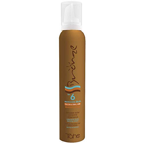 Tahe Bronze Protector Solar en Espuma Textura Mousse/Espuma Bronceadora Solar Intensiva Corporal con Activos Anticelulíticos y Reafirmantes, F.P.S. 6, 200 ml