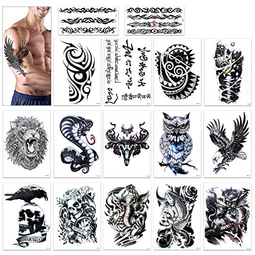 Tatuajes temporales para adultos hombres, Konsait Grande Tatuaje Temporales temporär Tattoo tatuaje cuerpo pegatinas Brazo pecho y espalda - León, cráneo muerto, águila halcones Diseños tribal