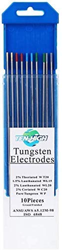 TEN-HIGH tig Electrodos de tungsteno Electrodos de soldadura, Embalaje mixto 2 cerio 2% (gris) + 2 tungsteno puro(verde) + 2 lantano 1.5% (oro) + 2 lantano 2% (azul) + 2 torio 2%(rojo), 2.4 x 150 mm