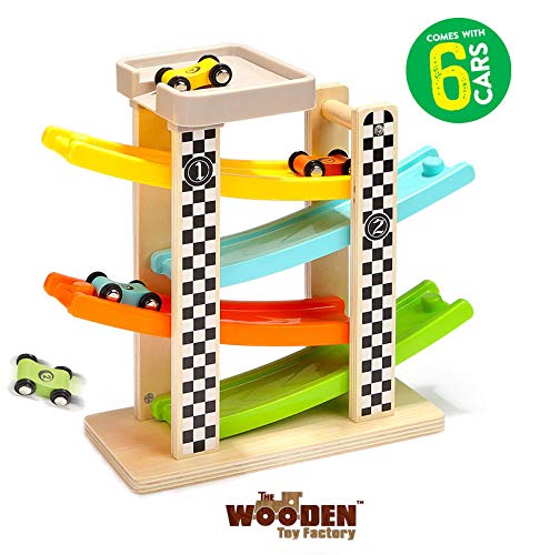 The Wooden Toy Factory - Circuito de Coches de Carreras Click Clack Racing Track con *6* Coches - Incluye Aparcamiento - No Requiere Montaje