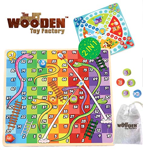 The Wooden Toy Factory - Juego de Mesa de Madera 2 en 1 - Serpientes y Escaleras / Carrera a Casa - Bono: Incluye Bolsa de Transporte para Fichas y Dados