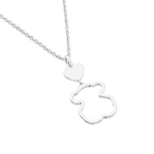 TOUS - Collar de Plata de Primera Ley con Colgante de Oso - Largo 45 cm, Corazón 0,84 cm y Silueta Oso 1,9 cm