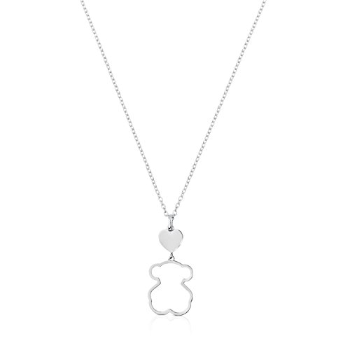 TOUS - Collar de Plata de Primera Ley con Colgante de Oso - Largo 45 cm, Corazón 0,84 cm y Silueta Oso 1,9 cm