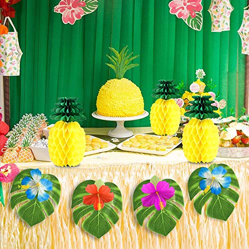 TUPARKA 66 Pcs Decoracion Fiesta Hawaiana, 6Pcs de Papel tisú Piñas con 30 Pcs Tropical Leaves 30 Pcs de Flores de Hibisco para Fiesta Hawaiana Cumpleaños