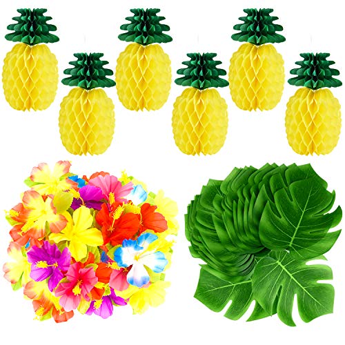 TUPARKA 66 Pcs Decoracion Fiesta Hawaiana, 6Pcs de Papel tisú Piñas con 30 Pcs Tropical Leaves 30 Pcs de Flores de Hibisco para Fiesta Hawaiana Cumpleaños