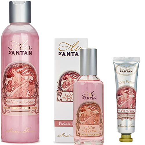 Un Air d’Antan Caja Belleza Rose Mujer, 1 Colonia 55ml,1 Gel Ducha 250ml,1 Crema de Manos Reparadora 25ml, Perfume Melocotón, Rosa y Pachulí, Navidad Regalo Mujer Originales Cumpleaños