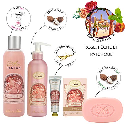 Un Air d’Antan® Caja Belleza Rose Mujer, 1 Jabon 100g, 1 Gel Ducha 250ml,1 Crema Corporal 200ml,1 Crema de Manos 25ml |Perfume Melocotón, Rosa, Navidad Regalo Mujer Originales Cumpleaños