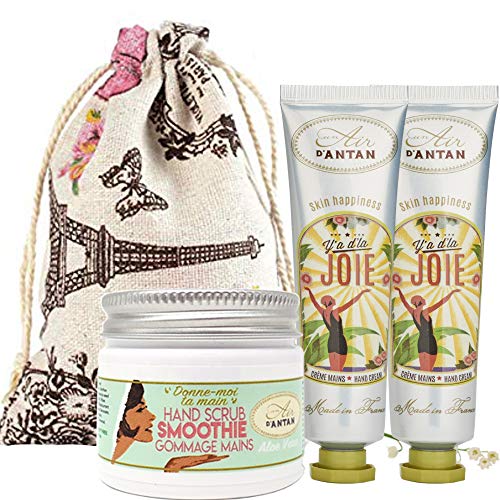 Un Air d'Antan® Caja Regalo Mujer 1 Exfoliante Manos 50ml, 2 Cremas Manos Hidratante JOIE con Manteca de Karite y Aloe Vera, Perfume Lirio de los Valles, Azahar y Rosa, Navidad Regalo Mujer Originales