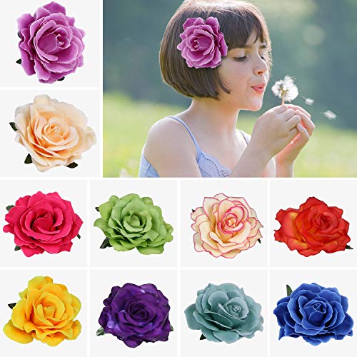 URAQT Clips de Pelo de Flor, Pinzas Hawaianas de Flores, pinzas para el pelo con diseño de rosas para boda, novia, boda, boda, boda, tocado, cenicero de flamenco, 10 Colores, 10 PCS